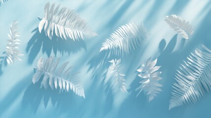 Poster - White paper fern leaves arranged on a light blue background with shadows.