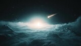 Frozen space station in orbit, comet racing past, a backdrop of distant stars, an exploration of cosmic solitude and wonder