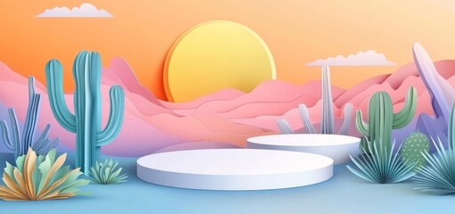 Poster - Pastel desert landscape with two podiums for product display.