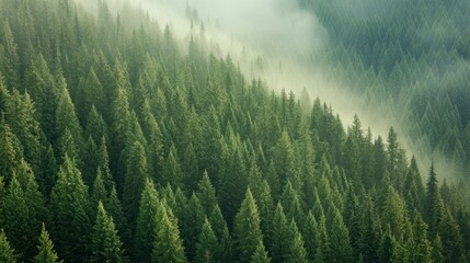 Aufkleber - Misty mountain forest with dense evergreen trees.