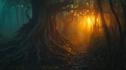 Aufkleber - Mystical jungle path at sunrise, sunlight through ancient tree roots and fog.
