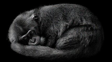 Aufkleber - A monochrome close-up shot of a monkey curled up asleep against a black background.