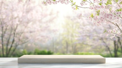 Aufkleber - Empty wooden platform against blurred spring cherry blossom background.