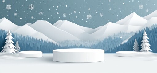 Poster - Winter landscape with snowy mountains, pine trees, and three white podiums for product display.