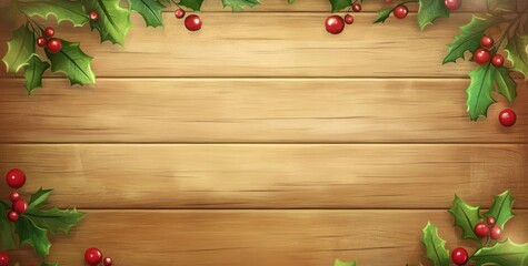 Poster - Festive wooden background with holly berries and leaves border.