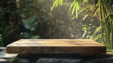 Poster - Wooden board on stone surface with blurred bamboo background.