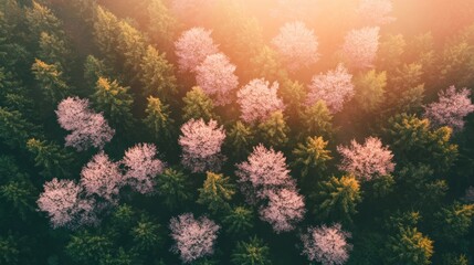 Aufkleber - Aerial view of a forest with blooming trees at sunset.