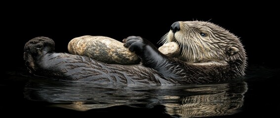 Poster - Sea otter floating on water, holding a stone and eating shellfish.