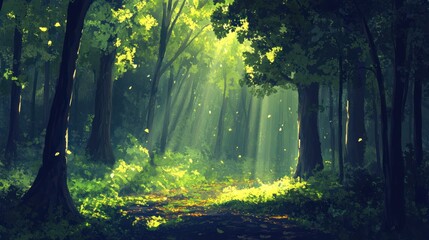 Aufkleber - Sunbeams illuminate a path through a lush green forest, creating a magical atmosphere.