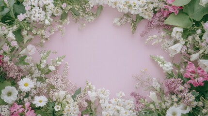 Leinwandbilder - Pastel pink background adorned with a vibrant circular frame of assorted spring flowers.