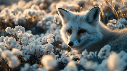 Poster - Arctic fox resting amidst frost-covered plants at sunset.