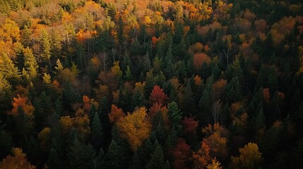 Poster - Aerial view of autumn forest with vibrant red, orange, and yellow foliage.
