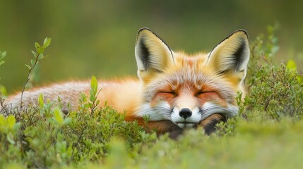 Poster - A red fox sleeps peacefully amidst lush green vegetation, its eyes closed and paws tucked beneath its head.