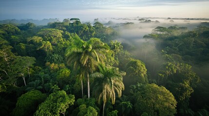 Aufkleber - Aerial view of lush rainforest at sunrise, mist shrouding the canopy.