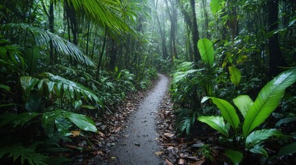 Aufkleber - Lush rainforest path curving through vibrant green foliage under misty rain.