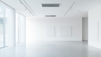 Poster - Minimalist white gallery space with blank canvases on wall and large windows