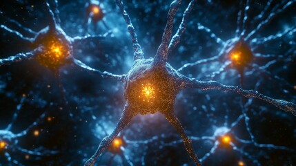Poster - Network of Neurons, Synapses Firing, Abstract Neural Connections With Bright Orange.