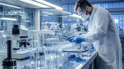 Poster - Scientist in Modern Laboratory Analyzing Test Results on Digital Tablet, Work in Progress.