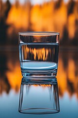 Wall Mural - Glass of Water with Sunset Reflection, Tranquility, Refreshment, and Hydration Concept.