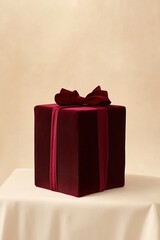 Wall Mural - vertical photo of a luxurious red velvet Christmas gift box on a creamy white background soft, diffused lighting enhancing the richness of the colors