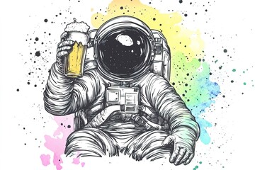 Wall Mural - stylish ink illustration of astronaut in spacesuit holding glass of beer on white background with colorful splashes