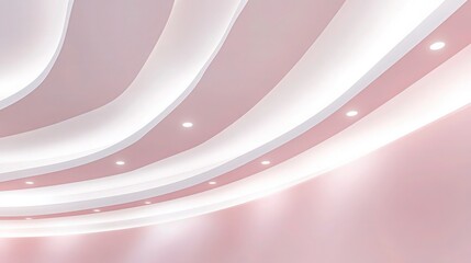 Wall Mural - A minimalistic ceiling design in soft pastel pink and white, with embedded recessed lights casting a subtle, diffused glow. 
