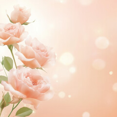 Poster - Soft pink roses with delicate petals and green leaves on dreamy pastel background