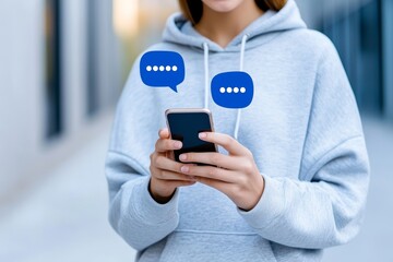 Poster - A digital AI chatbot assists a cheerful young Asian woman using her mobile smartphone to access online information in a city setting, serving as a conversation assistant.