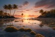 © abdul - A serene tropical sunset scene captured in stunning detail. The vibrant gradient sky transitions from deep oranges and pinks near the horizon to rich blues above, reflecting the serenity of the moment
