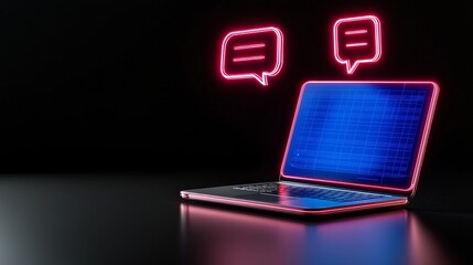 Poster - on a laptop screen, an abstract chatbot logo is depicted with speech bubbles, question marks, and qu