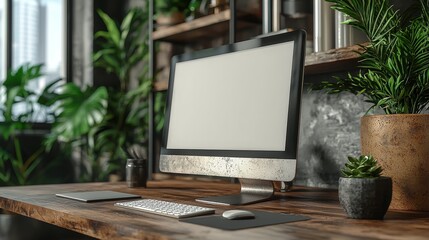 Aufkleber - a modern home office setup featuring a sleek desktop computer, potted plants, and neatly organized a