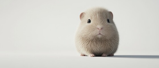 Fluffy beige guinea pig sitting on white background.