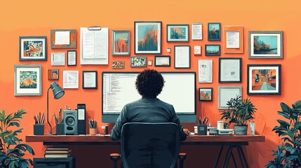 Poster - The minimalist design of this cozy home office fosters a vibrant and productive work environment through the use of natural light and potted plants