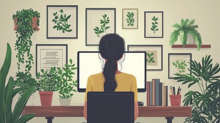 Poster - A cozy and productive home office setup featuring a desk computer alongside organized decorative elements, creating an inspiring workspace enhanced with shelves, plants, and minimalist decor for a