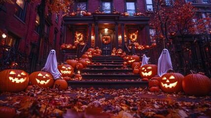 Wall Mural - Spooky Halloween House adorned with Pumpkins and Gravestones