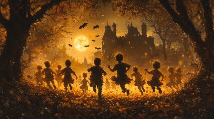 Wall Mural - During Halloween night, children run from house to house, filling their bags with candy and roaring with laughter under the light of a full moon