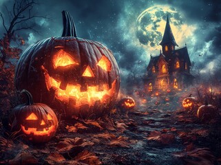 Wall Mural - Halloween background featuring pumpkins and bats, with warm glowing pumpkins in front of a cozy house, setting a festive and inviting autumn ambiance