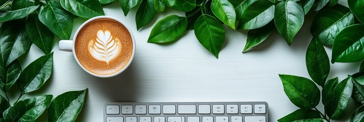Poster - An organized and minimalist home office where a desktop computer, coffee cup, and planner sit neatly on a clean desk, ideal for productive work and daily routines