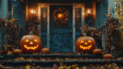 Wall Mural - A Halloween vista with shimmering jack-o'-lanterns and swirling autumn leaves