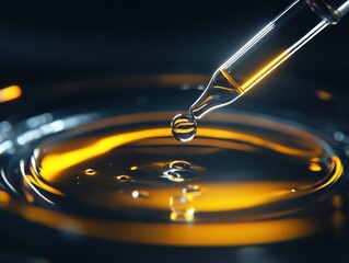Poster - A close-up of a glass dropper releasing a droplet of golden liquid into rippling water.