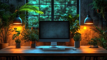 Poster - A modern workspace equipped with a sleek computer monitor, keyboard, and vibrant plants fosters a productive environment