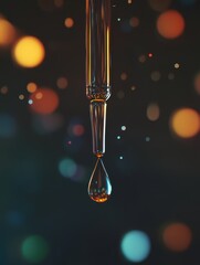 Poster - A close-up of a glass dropper with a single droplet about to fall, set against a blurred background of colorful bokeh.