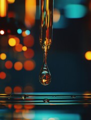 Poster - Close-up of a dropper releasing a golden liquid drop against a vibrant, blurred bokeh background.