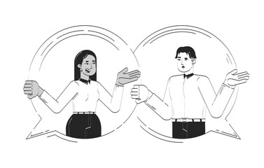 Poster - Dialogue between diverse colleagues in speech bubbles doodle line illustration concept. Mentoring talk. Coworkers engaging conversation 2D outline characters isolated. Hand drawn drawing monochrome