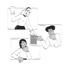 Fototapete - Virtual team collaborating through online interaction doodle line illustration concept. Remote colleagues sharing document, proofreading 2D outline characters isolated. Hand drawn drawing monochrome
