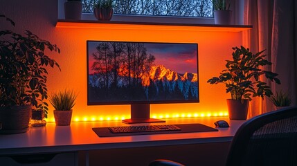 Poster - A modern home office features a minimalist desk design illuminated by ambient lighting