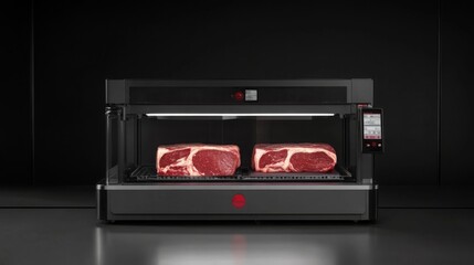 Aufkleber - Advanced ai technology optimizes a food production line, showcasing prime cuts of meat under controlled conditions in a sleek, modern kitchen environment designed for efficiency.
