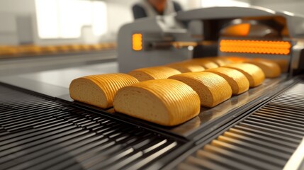 Aufkleber - AI technology is utilized in a modern food production line where freshly baked bread loaves move seamlessly. The process emphasizes efficiency and quality in food manufacturing.