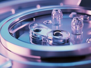 Poster - Close-up of a metallic device with transparent components, showcasing intricate design and modern technology.
