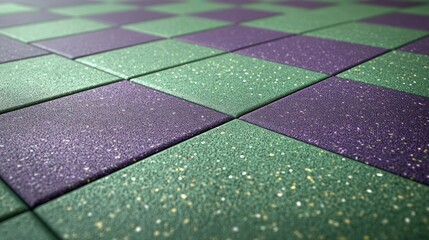 Wall Mural - A unique rubber playground surface with a checkerboard pattern in alternating green and purple tiles. The texture is speckled with fine rubber particles, offering a soft, tactile appearance. 